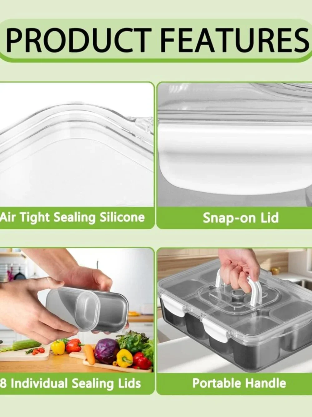 Large Stainless Steel Snack Tray with Lid & Handle - 8-Compartment Serving